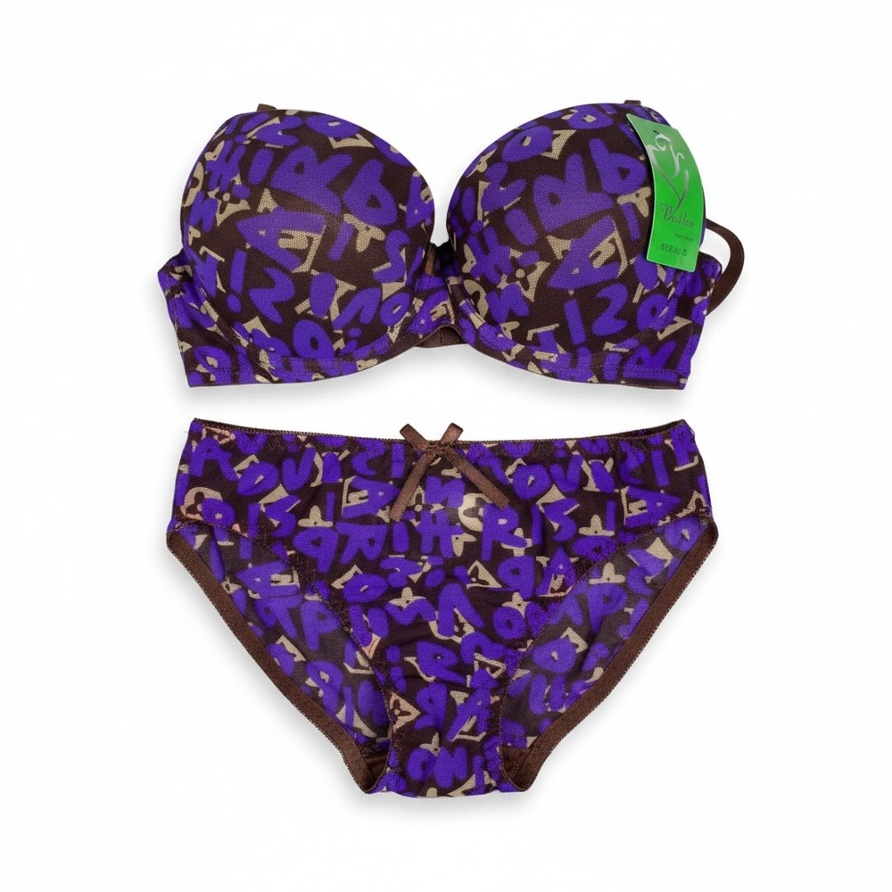 Best Bra Purple Brown Graffiti‎ Print Lingerie Set Size 38/85 Bra and Panty NWT